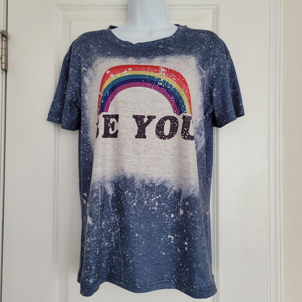 Women's Unbranded Short Sleeve Tee M Blue White Rainbow